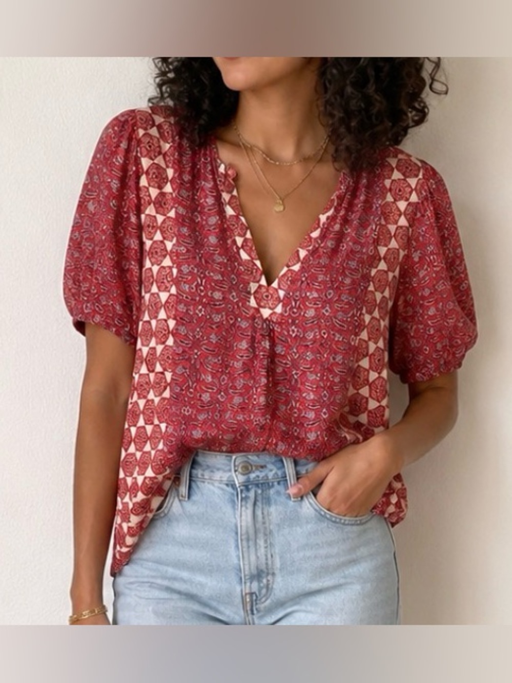 LUCKY BRAND Pink and White Boho Lightweight Short Sleeve Blouse Size S